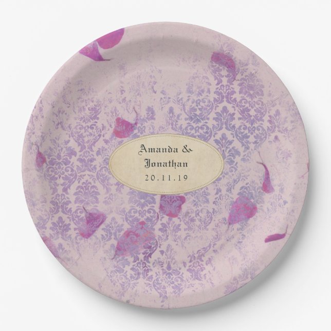 Lavender Distressed Damask Wedding Paper Plate (Front)
