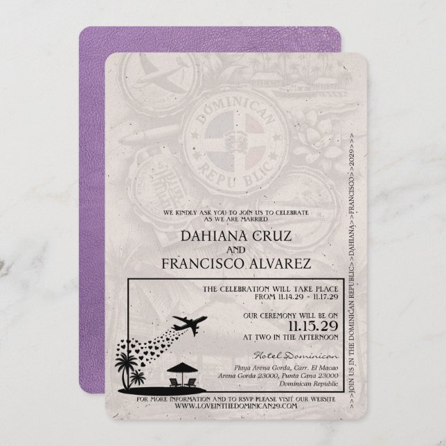 Lavender Dominican Republic Passport Wedding Invitation (Front/Back)