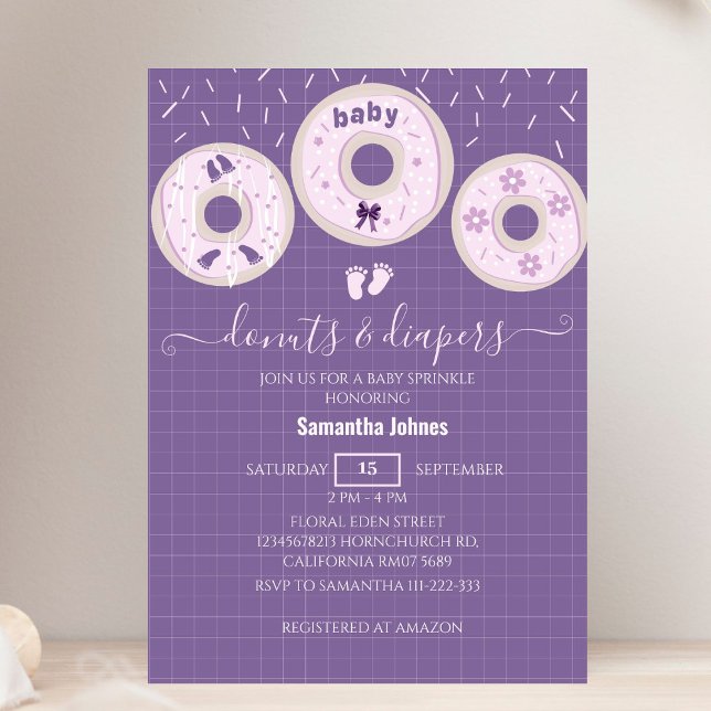 Lavender Doughnuts and Diapers Sprinkle Baby Showe Invitation (Creator Uploaded)