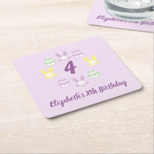 Lavender Easter 4th Birthday Square Paper Coaster