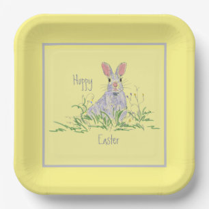 Lavender Easter Bunny Yellow Background Square Pa Paper Plate