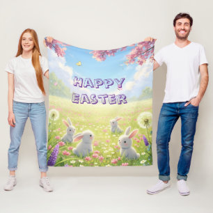 Lavender Easter Cute White Bunny Floral Spring  Fleece Blanket