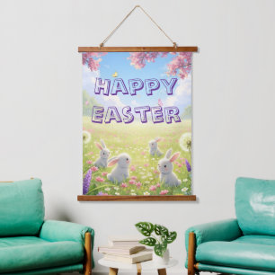 Lavender Easter Cute White Bunny Floral Spring Hanging Tapestry