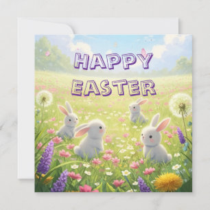 Lavender Easter Cute White Bunny Floral Spring  Holiday Card