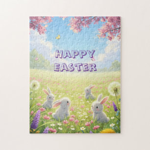 Lavender Easter Cute White Bunny Floral Spring  Jigsaw Puzzle