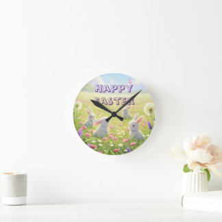 Lavender Easter Cute White Bunny Floral Spring Round Clock