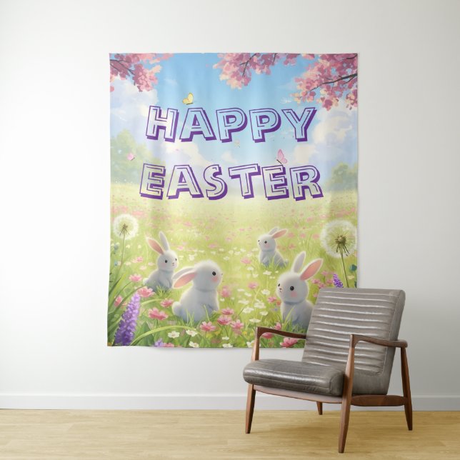 Lavender Easter Cute White Bunny Floral Spring  Tapestry (In Situ)