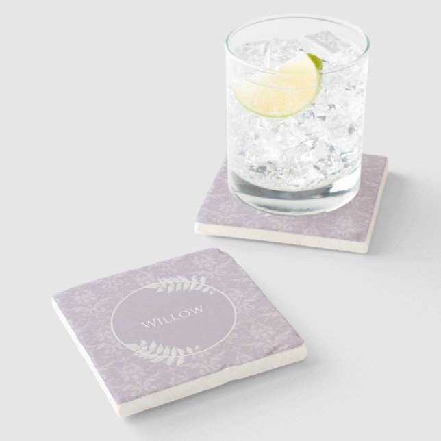 Lavender Elegant Damask Personalised Stone Coaster (Side)