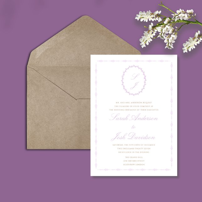 Lavender Elegant Minimal Floral Monogram  Invitation (Creator Uploaded)