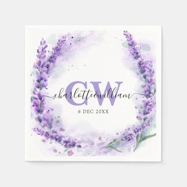 Lavender Elegant Watercolor Monogram Wedding Napkin (Front)