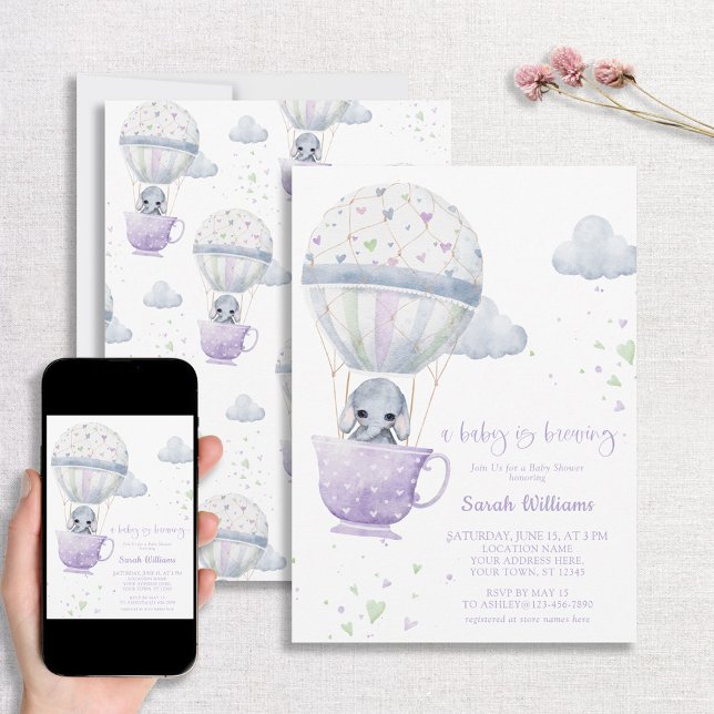 Lavender Elephant Baby is Brewing Baby Shower Invitation (Creator Uploaded)