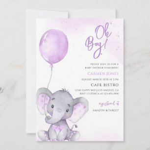 Lavender Elephant Girl Baby Shower Invitation
