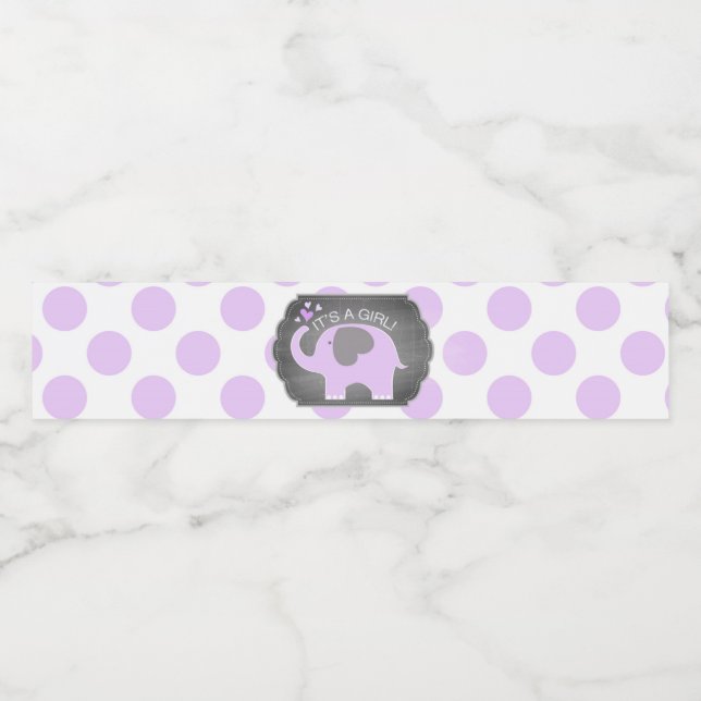 Lavender Elephant Girl Dot Baby Shower Water Bottle Label (Single Label)