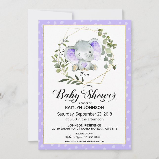 Lavender Elephant Modern Baby Shower Invitation (Front)