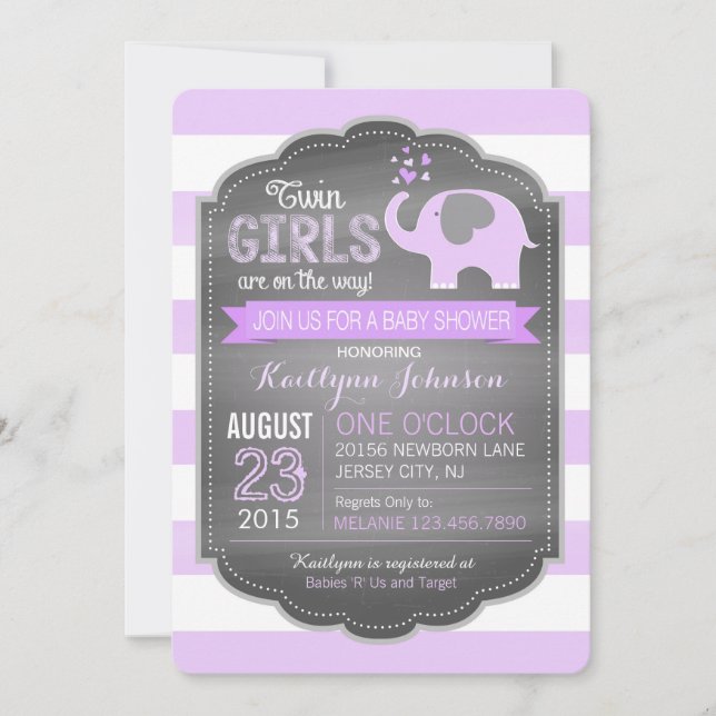 Lavender Elephant Stripe Twin Girls Baby Shower Invitation (Front)