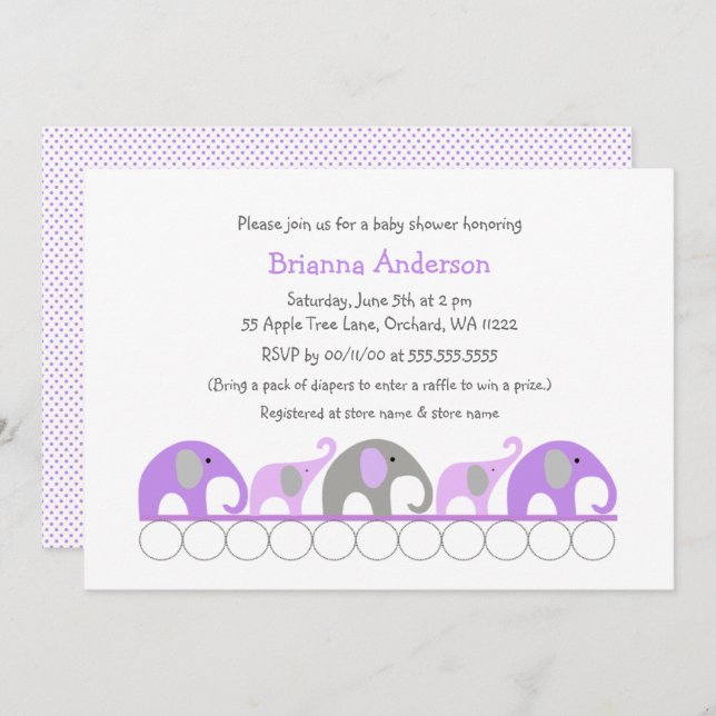 Lavender elephants baby shower / sprinkle invites (Front/Back)