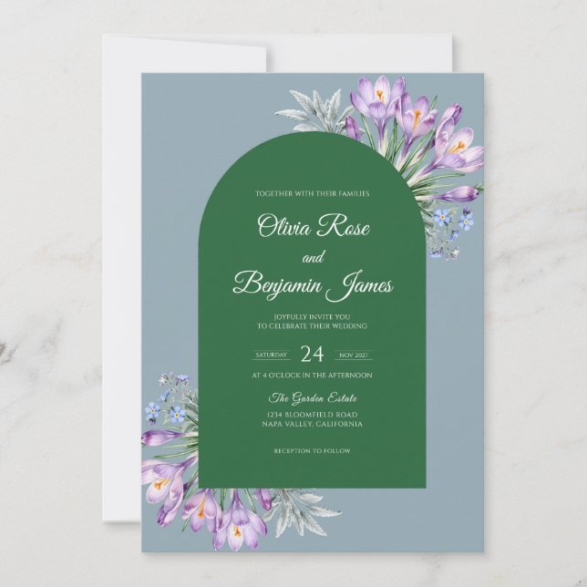 Lavender Emerald Crocus Eucalyptus Wedding Invitation (Front)