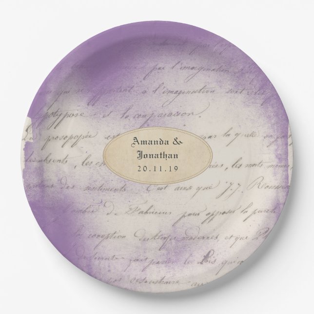 Lavender Ephemera Typography Wedding Paper Plate (Front)