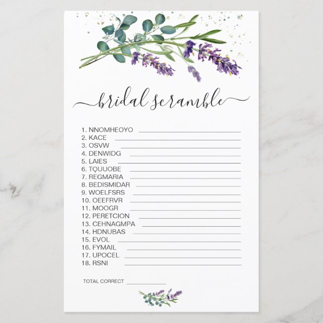 Lavender Eucalypt Word Scramble Bridal Shower Game (Front)