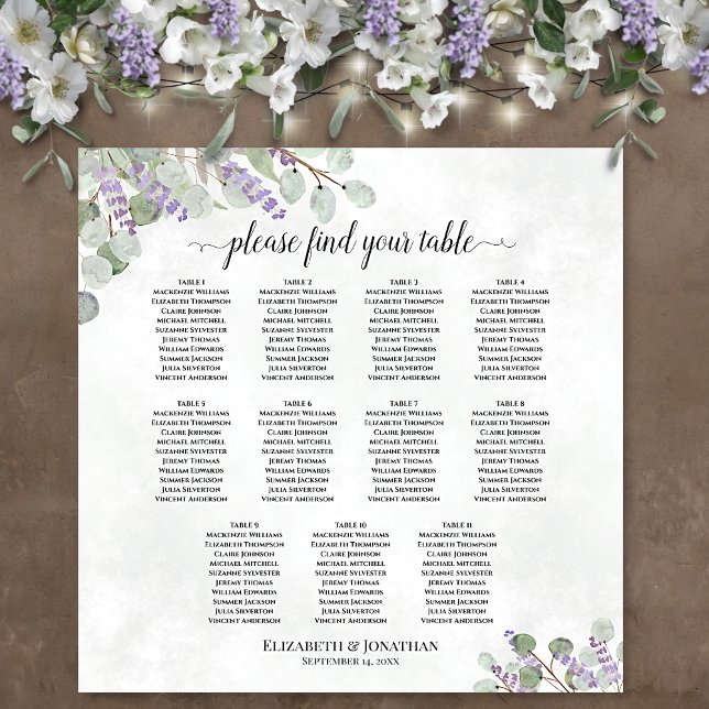 Lavender Eucalyptus 11 Table Wedding Seating Chart (In Situ on Wall with Flowers)