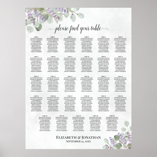 Lavender Eucalyptus 29 Table Wedding Seating Chart (Front)