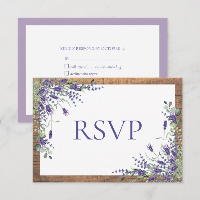 Lavender Eucalyptus Botanical Wood Wedding RSVP Card (Front/Back)