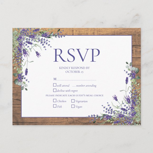 Lavender Eucalyptus Botanical Wood Wedding RSVP Invitation Postcard (Front)