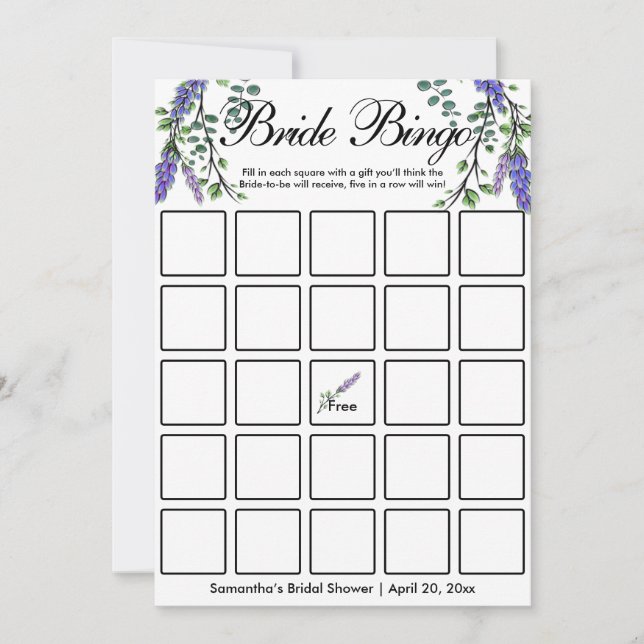 Lavender eucalyptus elegant Bridal bingo game card (Front)