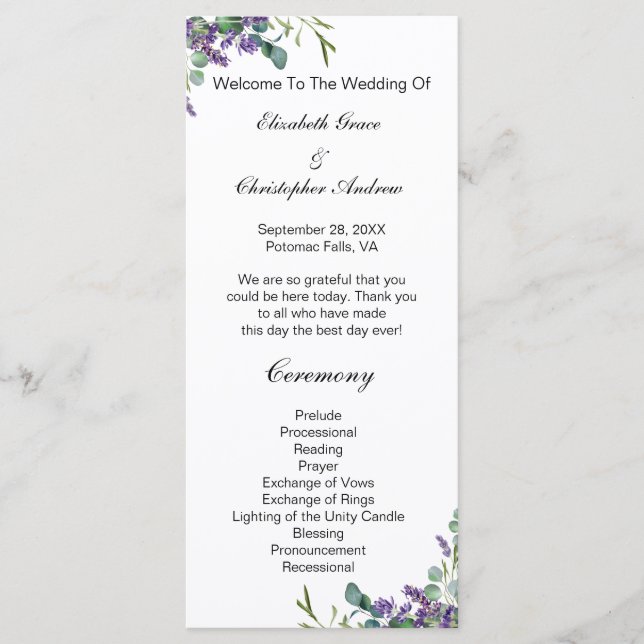 Lavender Eucalyptus Floral Botanical Wedding  Menu (Front)
