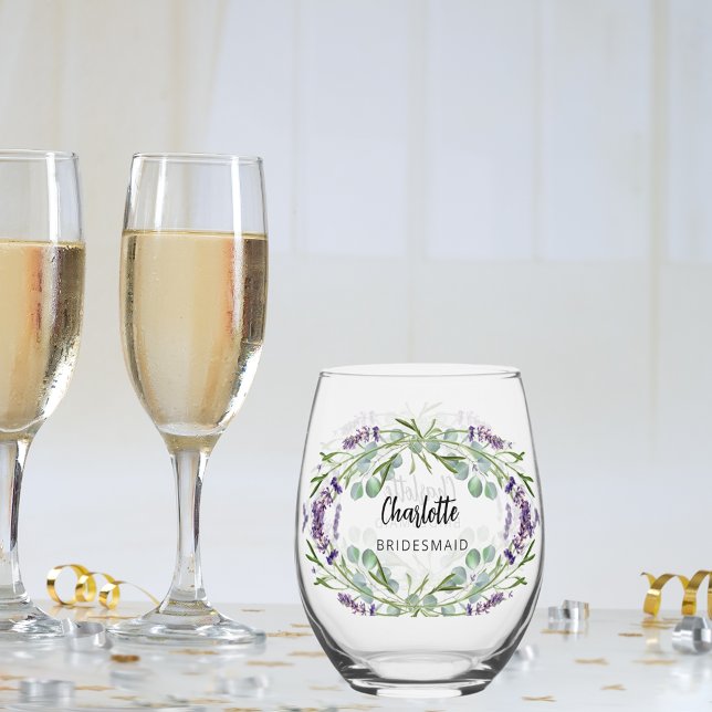 Lavender eucalyptus greenery bridesmaid name stemless wine glass (Creator Uploaded)