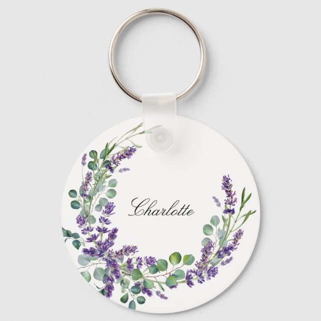 Lavender eucalyptus greenery floral name script key ring (Front)