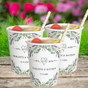 Lavender eucalyptus greenery mr mrs heart wedding paper cups