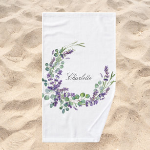 Lavender eucalyptus greenery name script bath towel set