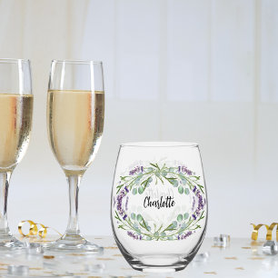 Lavender eucalyptus greenery name script stemless wine glass