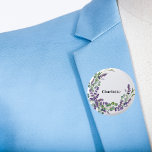 Lavender eucalyptus greenery name tag 3 cm round badge<br><div class="desc">A chic white background. Decorated with lavender flowers and eucalyptus greenery.  Personalise and add a name.</div>