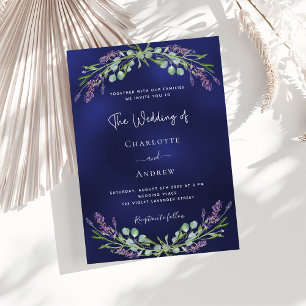 Lavender eucalyptus greenery navy blue wedding invitation
