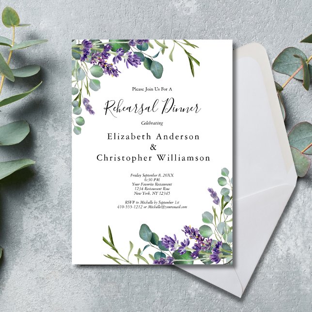 Lavender Eucalyptus Greenery Rehearsal Dinner Invitation (Lavender Eucalyptus Wedding Rehearsal Dinner Invitation. Elegant Watercolor Greenery)