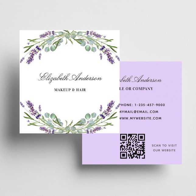 Lavender eucalyptus greenery violet QR code Square Business Card (Creator Uploaded)