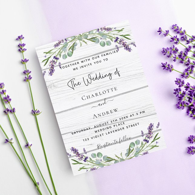 Lavender eucalyptus greenery white wood wedding invitation postcard (Creator Uploaded)