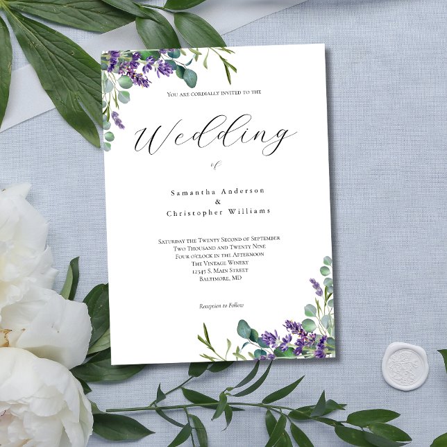 Lavender Eucalyptus Modern Minimalist  Wedding Invitation (Lavender Eucalpytus Modern Minimalist Elegant Floral Botanical Wedding Invitation.)