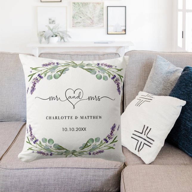 Lavender eucalyptus mr mrs names wedding cushion (Creator Uploaded)