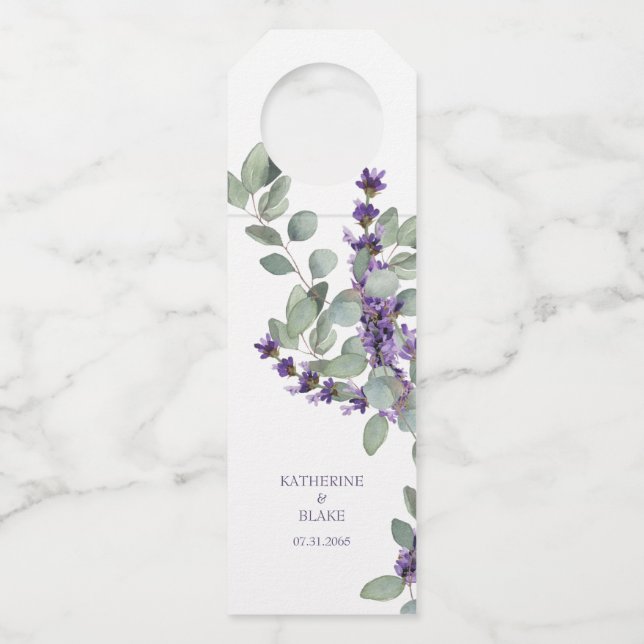Lavender & Eucalyptus Names & Date Wine Wedding Bottle Tag (Front)