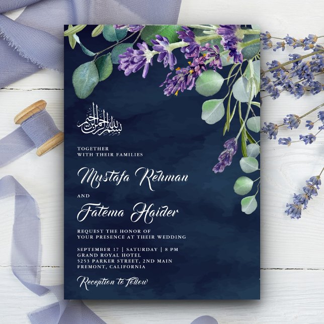 Lavender Eucalyptus Navy Blue Islamic Wedding Invitation (Creator Uploaded)
