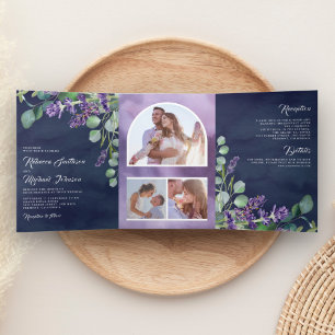 Lavender Eucalyptus Photo Arch Navy Blue Wedding Tri-Fold Invitation