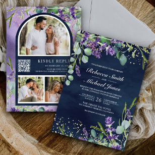 Lavender Eucalyptus Photo Navy QR Code Wedding Invitation