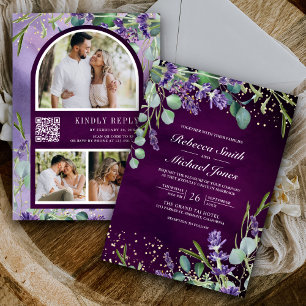 Lavender Eucalyptus Photo Purple QR Code Wedding Invitation