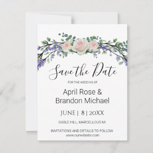 Lavender Eucalyptus pink white roses Save The Date