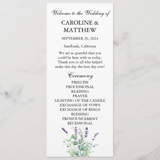 Lavender Eucalyptus Purple Floral Sage Wedding  Programme (Front)