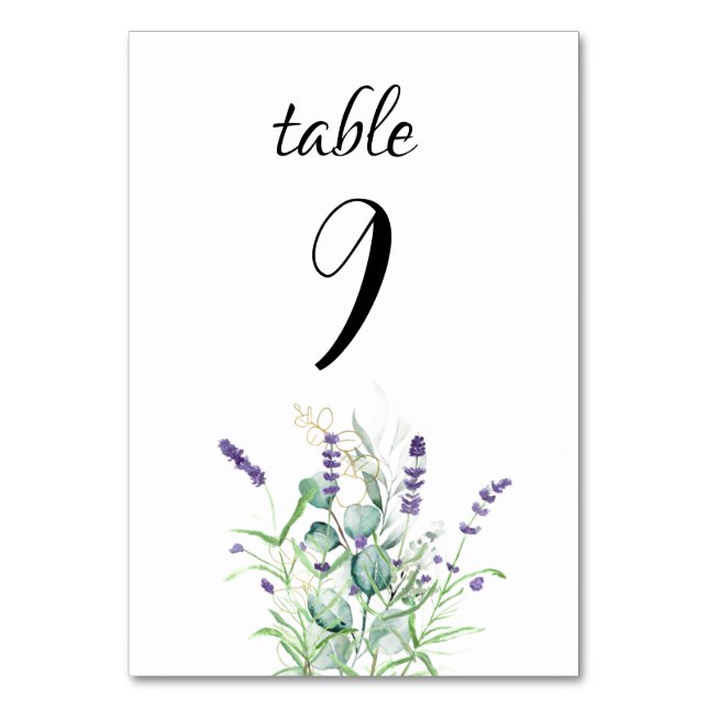 Lavender Eucalyptus Purple Flowers Wedding Table Number (Front)