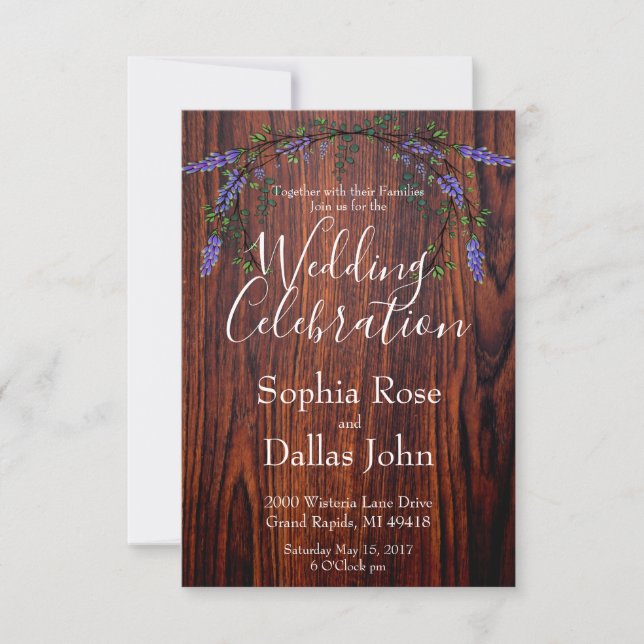 Lavender Eucalyptus rustic dark wood grain Wedding Invitation (Front)